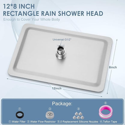 12x8 Inch Rectangle Rain Shower Head Brusehd Nickel, All Metal Stainless Steel 304, Full Body Rainfall Shower with 112 Silicone Nozzles, Ceiling Rain Showerheads