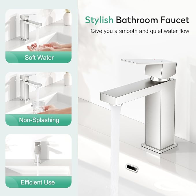 Faustina Brushed Nickel Bathroom Faucet, Single Handle Stainless Steel Bathroom Vanity Faucet with Metal Pop-Up Drain and Deck Plate for 1 or 3 Hole