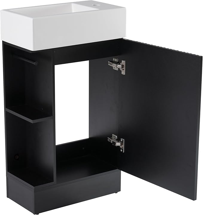 Harper & Bright Designs 18.6" Bathroom Vanity with Sink, Free Standing Single Basin Vanity Set with Storage Cabinet & Two-Tier Shelf, Wooden Bath Cabinet with Ceramic Basin for Bathroom, Black
