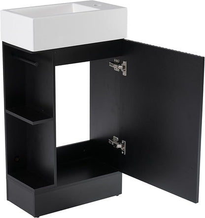 Harper & Bright Designs 18.6" Bathroom Vanity with Sink, Free Standing Single Basin Vanity Set with Storage Cabinet & Two-Tier Shelf, Wooden Bath Cabinet with Ceramic Basin for Bathroom, Black