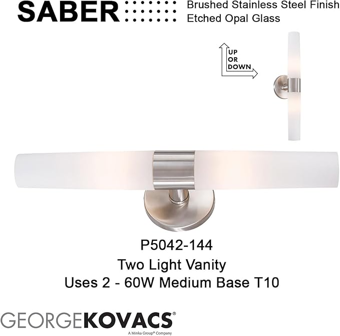 GEORGE KOVACS P5042-144 Saber Vanity Bath Light, 2-Light, 120 Total Watts, 4.75-in H x 20-in W, Brushed Stainless Steel