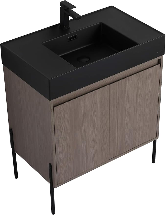 Crownpoint 30 Inch Bathroom Vanity with Sink, Black Sink, Gray Oak Finish, Full Assembly Required, Elegant Bathroom Vanities for Modern Homes