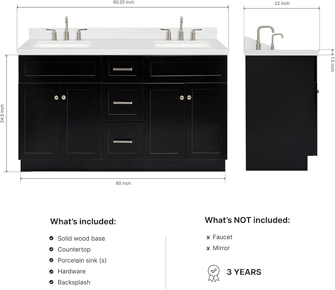 ARIEL Hamlet 60-inch Bathroom Vanity with Sink,Solid Wood, 1.5-inch Carrara White Quartz Countertop & Backsplash, Double Rectangular Porcelain Sink, 4 Soft Closing Doors, 3 Dovetail Drawers, Black