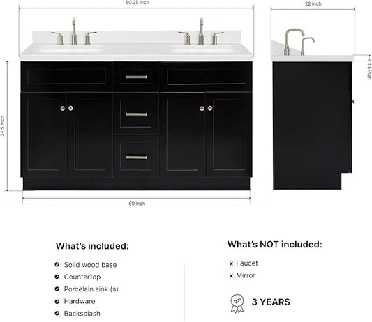 ARIEL Hamlet 60-inch Bathroom Vanity with Sink,Solid Wood, 1.5-inch Carrara White Quartz Countertop & Backsplash, Double Rectangular Porcelain Sink, 4 Soft Closing Doors, 3 Dovetail Drawers, Black
