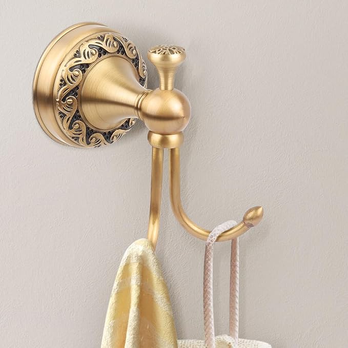 Antique Brass Towel Hook, Wall Mounted Bathroom Copper Double Hook for Clothing Robe Hanger, Screws Install Shower Wall Hook