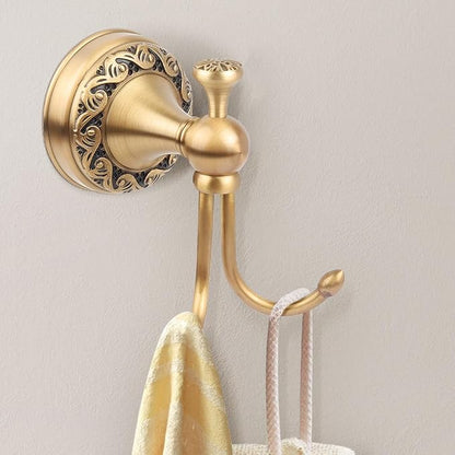 Antique Brass Towel Hook, Wall Mounted Bathroom Copper Double Hook for Clothing Robe Hanger, Screws Install Shower Wall Hook