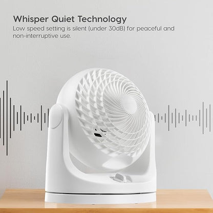 IRIS USA WOOZOO Desk Fan, Oscillating Table Air Circulator, 3 Speeds, 52ft Max Air Distance, 112° Adjustable Tilt, 30db Quiet Motor, Small Fan for Bedroom, Office, Dorm, White