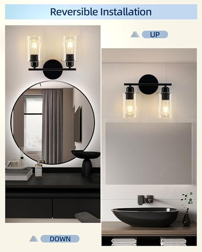 2-Light Bathroom Light Fixtures, Matte Black Bathroom Vanity Lights, Bathroom Lighting Fixtures Over Mirror with Clear Glass Shade, Wall Sconce Light for Bedroom, Living Room and Hallway
