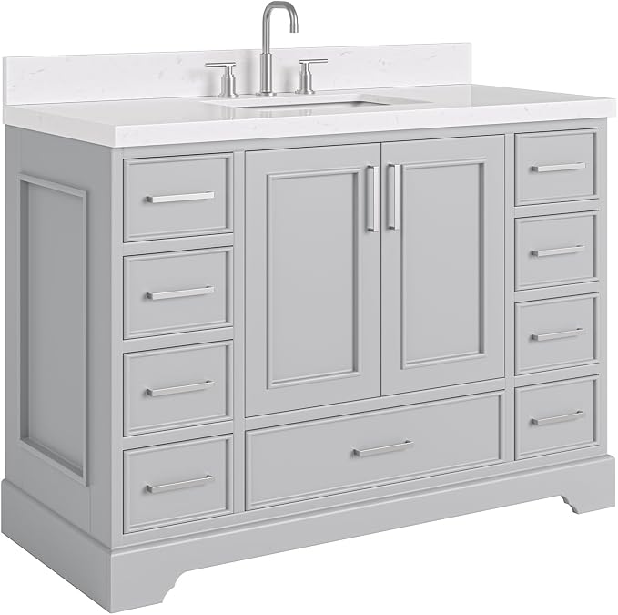 Langford 48-inch Grey Bathroom Vanity with Center Rectangle Single Sink, Carrara White Quartz Countertop & Backsplash, Solid Wood Frame, Soft-Closing & Dovetail Drawers