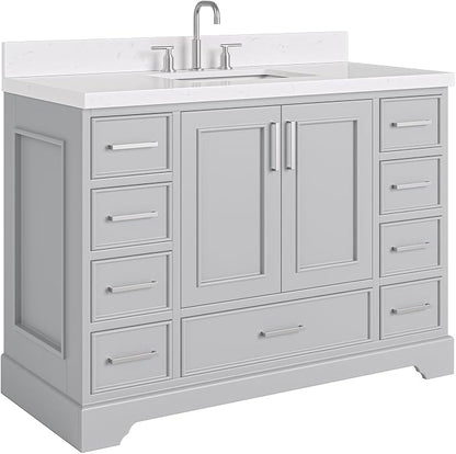 Langford 48-inch Grey Bathroom Vanity with Center Rectangle Single Sink, Carrara White Quartz Countertop & Backsplash, Solid Wood Frame, Soft-Closing & Dovetail Drawers
