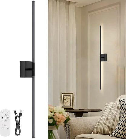 Battery Operated Wall Sconce, 3000K-6000K Dimmable Black Wall Lights with Remote Control, Timable LED Wireless Wall Sconces, 350° Ratate for Bathroom, Living Room, Hallway 39.4 Inch 1 Pack