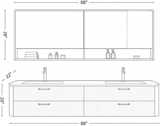 88 in Double Bathroom Vanity with Sinks - Modern Floating Bathroom Vanity with Solid Wood Cabinet, Anti-Fog Mirror and Integrated Stone Sinks | Wall Mounted Design | Ample Storage