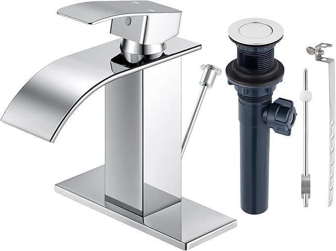 Chrome Bathroom Faucet with Lift Rod Drain, Waterfall Bathroom Sink Faucet Modern Single Handle Bathroom Faucte 1 or 3 Hole, RV Mixer Tap Vanity Faucet Washbasin Faucet with Deck