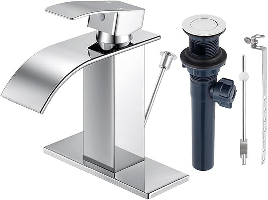 Chrome Bathroom Faucet with Lift Rod Drain, Waterfall Bathroom Sink Faucet Modern Single Handle Bathroom Faucte 1 or 3 Hole, RV Mixer Tap Vanity Faucet Washbasin Faucet with Deck