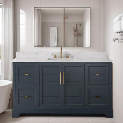 HOMEBEYOND 60 Inch Bathroom Vanity with Single Sink & Ceramic Top, Vanity Cabinet with Center Countertop Basin, Soft-Closing Doors, Backsplash, Vintage Spruce Blue