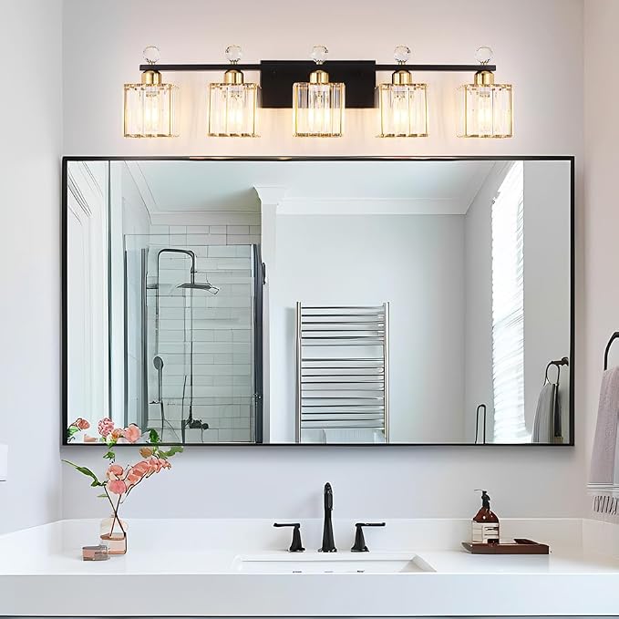 Lxybcce Bathroom Vanity Lights Over Mirror - Easy Installation with Clear Guide, 5-Light Shadow-Free Design, Black and Gold Crystal Finish - for Modern Home Bathroom Lighting Fixtures in DIY Projects