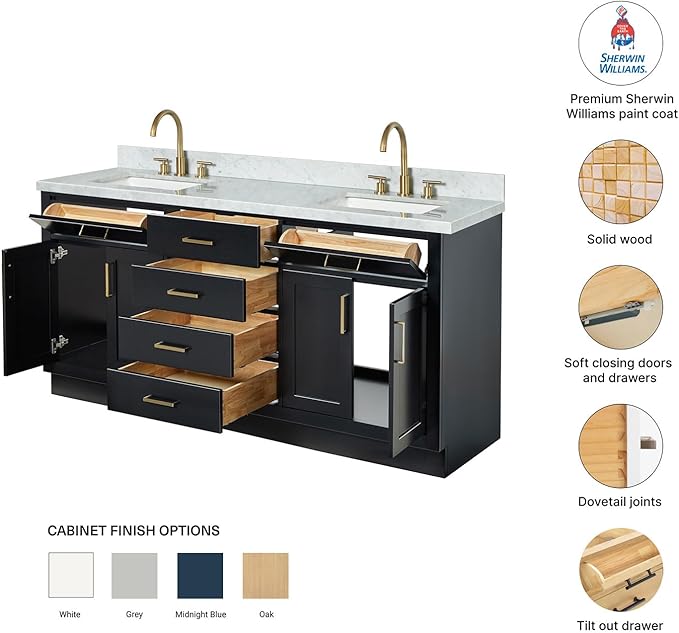 DKB Isabella 72 Inch Bathroom Vanity Double Sink — Black Bathroom Vanity with Sink, 1.5" Edge Italian Carrara Marble Countertop & Backsplash, 4 Soft-Close Doors, 4 Dovetail Drawers, and 2 Tilt Drawers