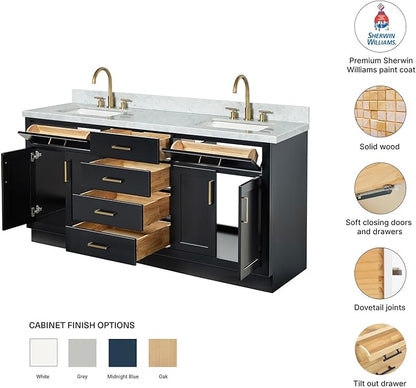 DKB Isabella 72 Inch Bathroom Vanity Double Sink — Black Bathroom Vanity with Sink, 1.5" Edge Italian Carrara Marble Countertop & Backsplash, 4 Soft-Close Doors, 4 Dovetail Drawers, and 2 Tilt Drawers