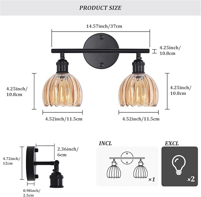 Bathroom Light Fixtures, 2-Light Black Vanity wall Light Over Mirror with Amber Tulip Glass Shade for Bedroom Living Room (Bulb Not Included)