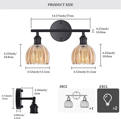 Bathroom Light Fixtures, 2-Light Black Vanity wall Light Over Mirror with Amber Tulip Glass Shade for Bedroom Living Room (Bulb Not Included)