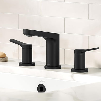 KRAUS Indy Widespread Bathroom Faucet in Matte Black with 2 Handles, Pop Up Drain and Supply Lines, FUS-14103MB