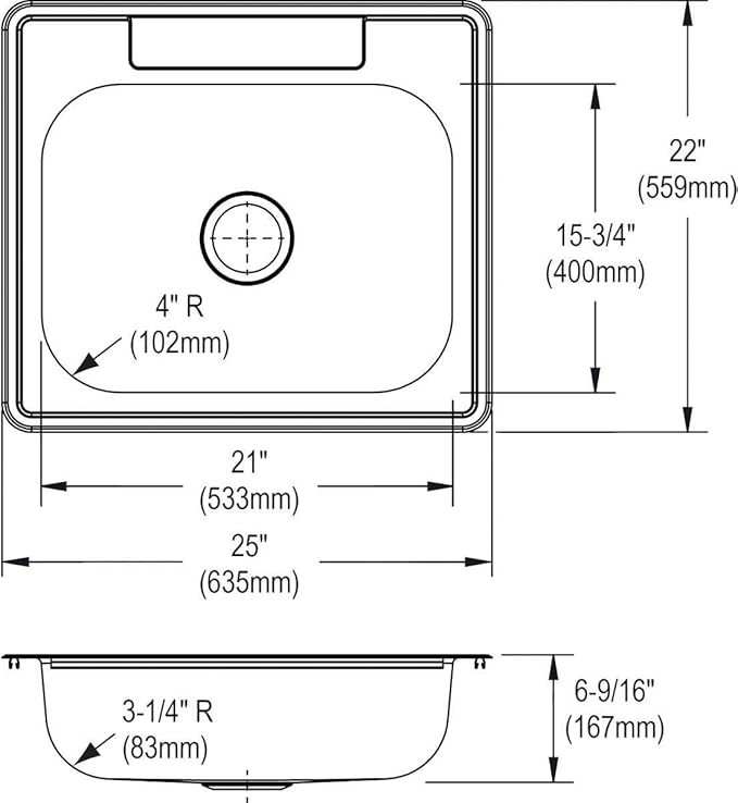 Dayton D125221 Single Bowl Drop-in Stainless Steel Sink 25 x 22 x 6.5625"
