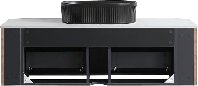 48" Floating Bathroom Vanity with Black Sink, Honey Oak | Pre-Assembled Fluted Wall Mounted Vanity with Ceramic Vessel Sink, Rounded Edges, Soft-Close Drawer & Towel Rack