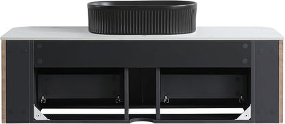 48" Floating Bathroom Vanity with Black Sink, Honey Oak | Pre-Assembled Fluted Wall Mounted Vanity with Ceramic Vessel Sink, Rounded Edges, Soft-Close Drawer & Towel Rack