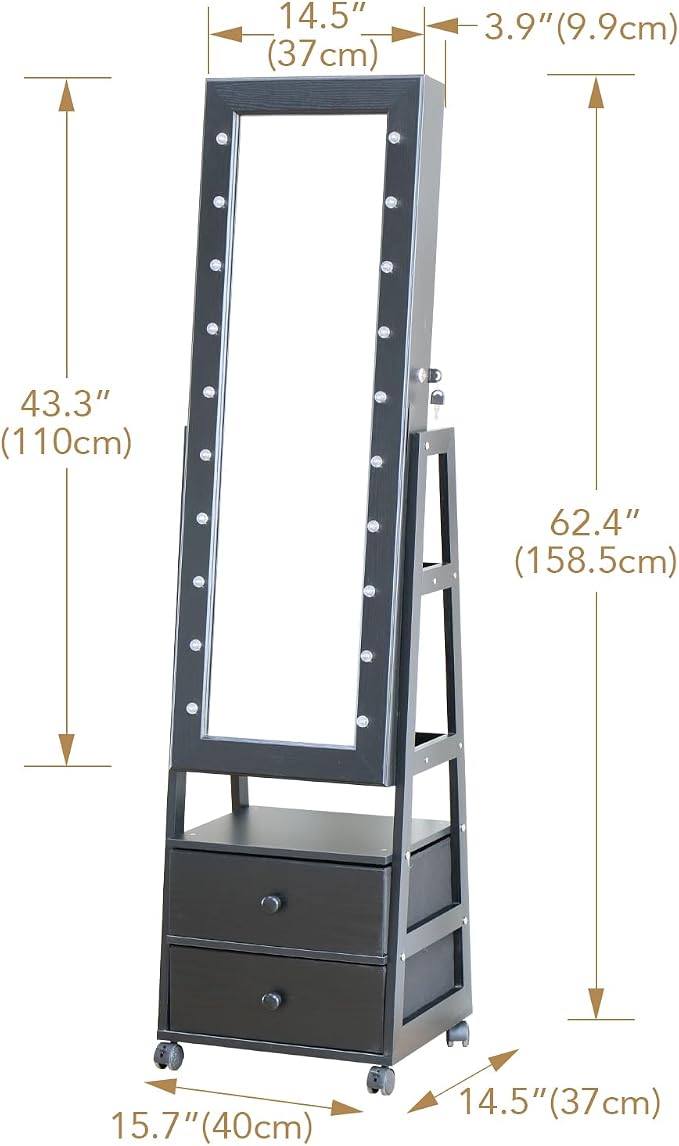 Jewelry Armoire Cabinet Organizer Standing with 20 LED Lights Lockable | Full Length Mirror with Storage Shelves and 2 Drawers (Black) Adjustable Tilt Angles Gift for Her