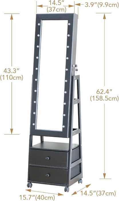 Jewelry Armoire Cabinet Organizer Standing with 20 LED Lights Lockable | Full Length Mirror with Storage Shelves and 2 Drawers (Black) Adjustable Tilt Angles Gift for Her