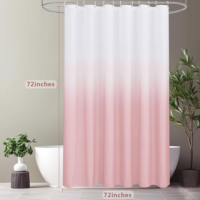 AooHome Fabric Shower Curtains, Cloth Ombre Pink Shower Curtain Sets, Washable Fabric Pink and White Shower Curtain, Rustic Farmhouse Bathroom Shower Curtains, 72x72 Inches