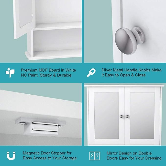 Salches Wall Mounted Bathroom Cabinet w/2 Mirrored Doors, Over-Toilet Hanging Cabinet w/Shelves, Wooden Medicine Storage Organizer for Living Room/Corridor/Cloakroom/Kitchen, 22” x 5” x 23” (White)