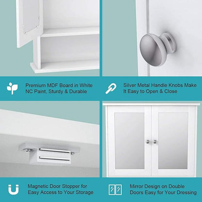 Salches Wall Mounted Bathroom Cabinet w/2 Mirrored Doors, Over-Toilet Hanging Cabinet w/Shelves, Wooden Medicine Storage Organizer for Living Room/Corridor/Cloakroom/Kitchen, 22” x 5” x 23” (White)