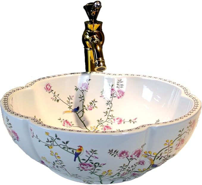 White Bathroom Vessel Sink for Vanity Top Sinks with Flower Bird Pattern|1 Aboe Counter Sink Only,H15cmxD41.5cmxBottom D.22cm
