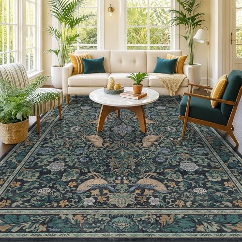 Blue Washable 7x9 Kitchen Rug for Floor, Boho Floral & Bird Pattern Living Room Area Rug, Low Pile Soft Farmhouse Bedroom Carpet, Cottagecore Home Décor, Non Slip & Stain Resistant