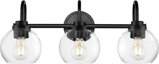 Bathroom Light Fixtures, 3-Light Matte Black Vanity Lights with Globe Clear Glass, Modern Vanity Lighting Fixtures Over Mirror, AD-22280-3W-BK