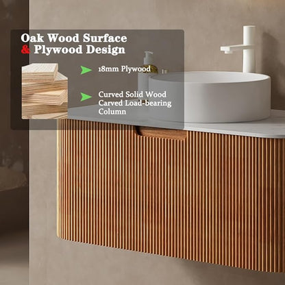 30'' Bathroom Vanities Cabinet with Sink Combo, Wall Mounted Floating Cabinet W/Curved Edges Stripes, Oak Plywood, Soft-close System with a Drawer, White Round Ceramic Basin - Kiel, Natural Wood