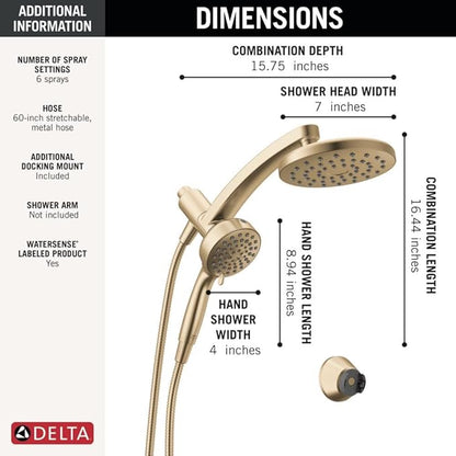 Delta 6-Setting PivotPro 3-in-1 Combination Shower Head with ProClean Spray, Brushed Gold Round Shower Head Rainfall with Handheld Spray, 1.75 GPM, Champagne Bronze 75649CZ