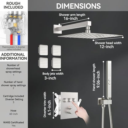 Brushed Nickel Shower Systems with 4 Body Spray Jets, STARBATH 12" Rain Showerhead with 2 Modes Handheld Spray, Can Use All at Once, Thermostatic Shower Jets System in Wall Shower Faucet Sets