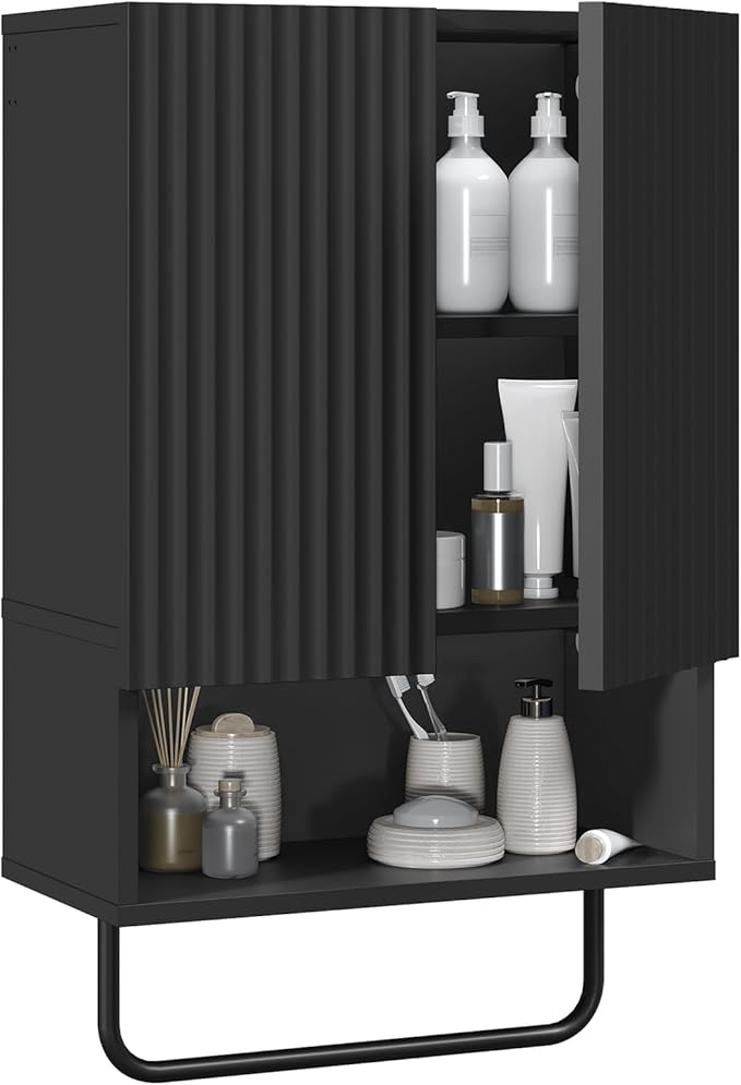 Bathroom Wall Cabinet, Wall Mounted Medicine Cabinets with Towel Bar & Adjustable Shelf, Over The Toilet Space Saver Storage Cabinet with 2 Doors, for Bathroom Laundry Room Kitchen, Black