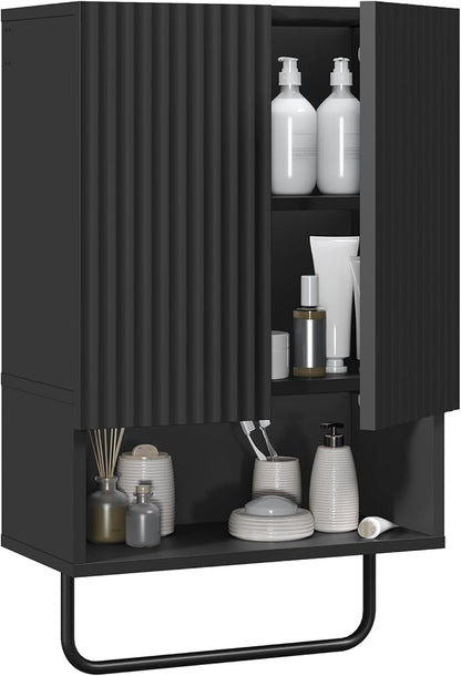 Bathroom Wall Cabinet, Wall Mounted Medicine Cabinets with Towel Bar & Adjustable Shelf, Over The Toilet Space Saver Storage Cabinet with 2 Doors, for Bathroom Laundry Room Kitchen, Black