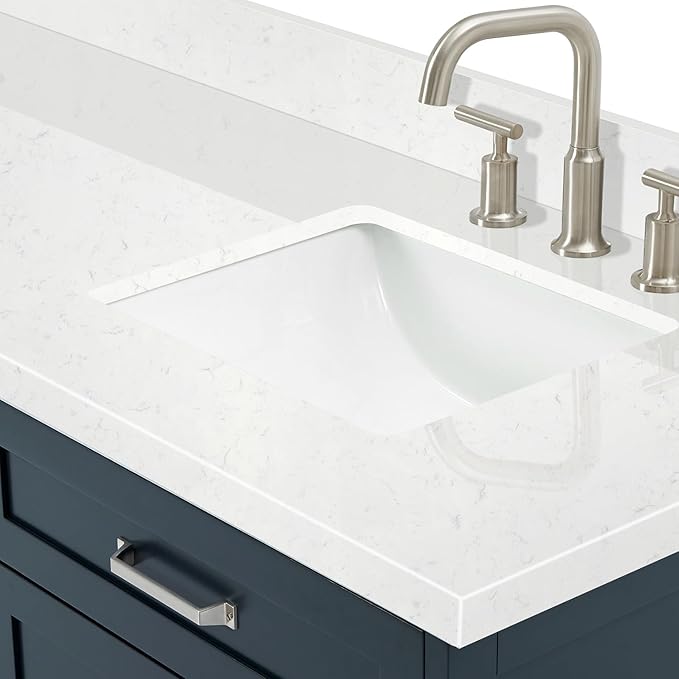 ARIEL Monroe 72-inch Bathroom Vanity with Sink,Solid Wood, 1.5-inch Carrara White Quartz Countertop & Backsplash, Double Oval Porcelain Sink, 9 Dovetail Drawers, Brushed Nickel, Midnight Blue