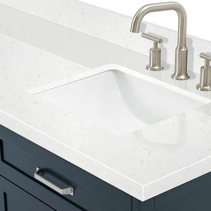 ARIEL Monroe 72-inch Bathroom Vanity with Sink,Solid Wood, 1.5-inch Carrara White Quartz Countertop & Backsplash, Double Oval Porcelain Sink, 9 Dovetail Drawers, Brushed Nickel, Midnight Blue