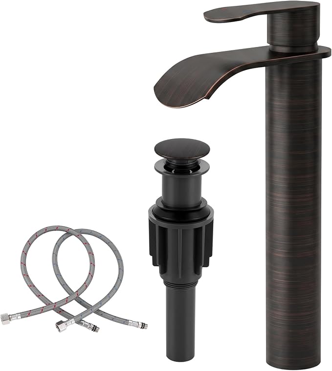 Vessel Sink Faucet Oil Rubbed Bronze：WOWOW Single Handle Tall Bathroom Faucet - Waterfall Single Hole Mixer Bar Tap with Large Rectangular Spout, Deck Mount Lavatory Vanity with Pop Up Drain