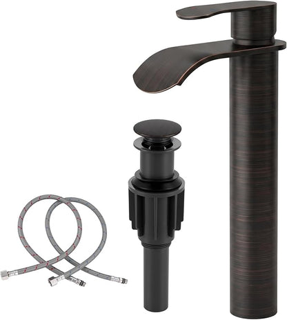 Vessel Sink Faucet Oil Rubbed Bronze：WOWOW Single Handle Tall Bathroom Faucet - Waterfall Single Hole Mixer Bar Tap with Large Rectangular Spout, Deck Mount Lavatory Vanity with Pop Up Drain