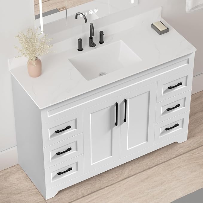 48 Inch Bathroom Vanity with Quartz Countertop -Rectangle Sink & Plywood Cabinet & Soft-Close Drawers and Doors