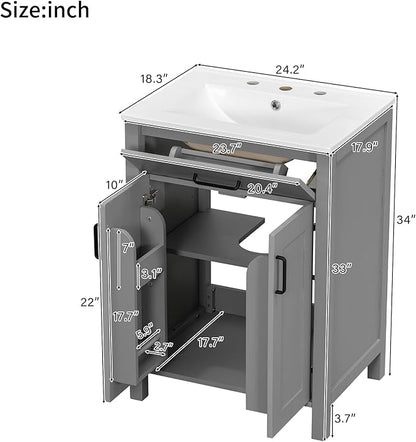 24" Bathroom Vanity with Sink, Modern Bathroom Vanity 24 Inch with Sink, 24 Bathroom Sink Vanity with Flip Drawer, Cabinet and Door Shelves, 24" Vanity with Sink for Bathroom (Grey)