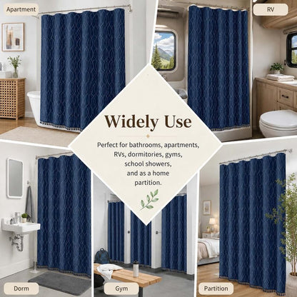 OVZME Extra Long Navy Blue Shower Curtain 96 Inch Long, Puff Printed Textured Shower Curtain with Tassels, Tall Farmhouse Geometry Bathroom Curtain, Water Resistant Fabric, 72Wx96L Inches