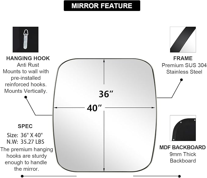 Brushed Nickel Oblong Mirror, 36x40 Inch Brushed Nickel Oval Mirror for Bathroom with Stainless Steel Metal Frame, Wall Mouned for Bathroom, Living Room, Entryway