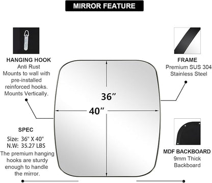 Brushed Nickel Oblong Mirror, 36x40 Inch Brushed Nickel Oval Mirror for Bathroom with Stainless Steel Metal Frame, Wall Mouned for Bathroom, Living Room, Entryway